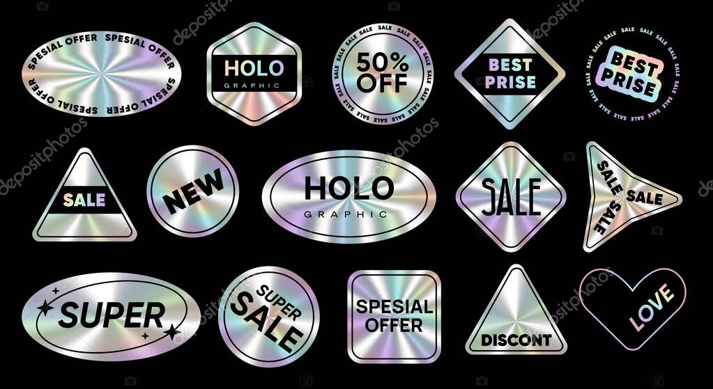 Hologram stickers and emblems icons with tags set. Holographic stamps with iridescent texture for sale,special offer, best price and other. Iridescent rainbow foil adhesive symbols and objects. Vector