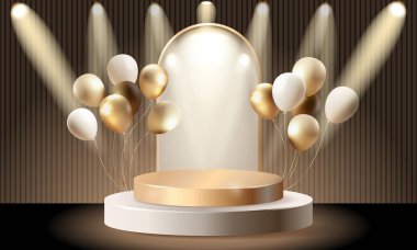 İçinde balonlar bulunan lüks sahne podyumu. Gerçekçi 3 boyutlu lüks arka plana sahip altın podyum. Ürün sunumu için vektör geometrik sunum platformu.