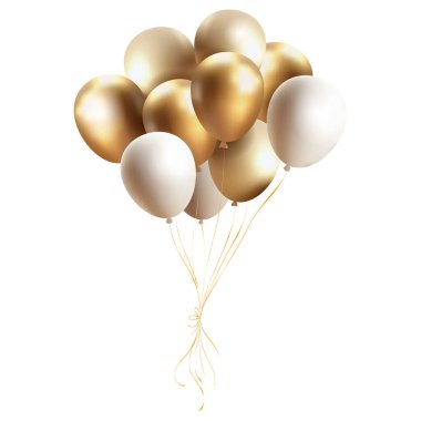 Gerçekçi balonlar, beyaz arkaplan vektör ilüstrasyonunda izole edilmiş altın ve beyaz kiraları bir araya getirirler. Dekor, kart, parti, tasarım, el ilanı, poster, web için parlak metalik altın balonlar.