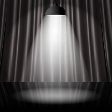 Siyah perdeli bir sahne ve parlak zeminde parlayan bir spot ışığı. Karanlık sahne 3D illüstrasyonunda spot ışığı. Sahne arkasındaki lambadan yansıyan gerçekçi spot ışığı. Vektör illüstrasyonu