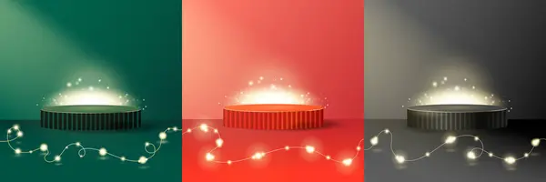 Noel tatili için parlayan ampullerle sahne podyumu, Mockup 3D tasarım. Lüks Ürün platformu yeşil ve siyah renkler. Reklam arkaplanı. Vektör arkaplanı.