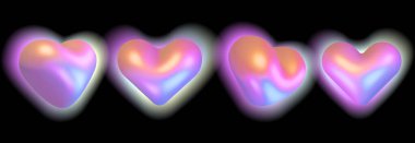 Üç boyutlu hologram kalpler ayarlandı. Siyah arka planda izole edilmiş aşk sembollerinin holografik gerçekçi simgeleri. Parlak neon kalpler çeşitli dönüş pozisyonlarıyla şekillenir. Vektör illüstrasyonu