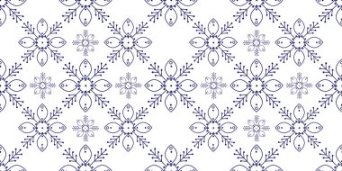 Geometrik çiçek desenleri asgari düzeyde. Çiçekler klasik beyaz ve mavi vektörlü, pürüzsüz arka plan. Baskı, duvar kağıdı, tekstil, kağıt, döşeme için Damask grafik süslemeleri. Vektör 