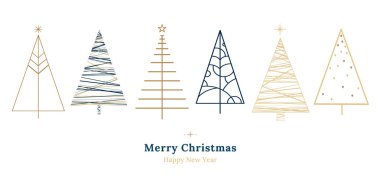 Minimalist doğrusal çizimde belirlenmiş Noel ağaçları. El çizimi Scandi Noel ağaçları geometrik stil tasarım koleksiyonu. Soyut Xmas dekorasyonu. Modern çam ağaçları. Vektör illüstrasyonu