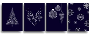 Mutlu Noeller ve mutlu yıllar tebrik kartları, posterler, geyik soyut köknar ağaçları ve kar taneleri desenli tatil örtüleri modern çizgi sanat setinde. Xmas Tasarımı koyu mavi arka planda.