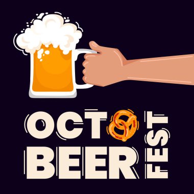 Bira festivali konsepti illüstrasyonu, elinde bira bardağı ve metin kısmı, davetiye posteri, selamlama, parti, tabela, kart. Bira festivali kutlama elemanları. Vektör illüstrasyonu