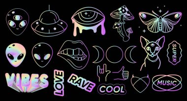 Holographic psychedelic symbols stickers icons emblems collection. Mysterios Psychedelic signs and symbols hologram effect iridescent set with mushrooms,alien, butterfly, esoteric theme designs.Vector clipart