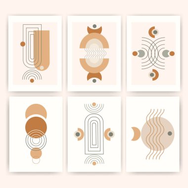 Abstract contemporary mid century posters covers wall art with geometric shapes organic natural colors.Boho Minimal poster, wallpaper,wall decor, background, cover,print, card printable design. Vector clipart