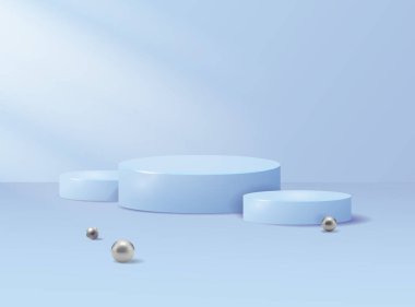 Minimalist pastel podyum. Yerde gümüş küreler olan açık mavi bir renk. Ürün sunumu, moda, kozmetik, vitrin tasarımı, yaratıcı pankart tasarımı için lüks 3D sahne podyumu. Vektör