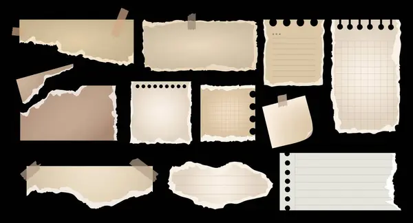 Yırtılmış eski kağıt paralar. Yırtılmış eski defter kağıtları ve bant. Kolaj ve hatıra defteri koleksiyonu için son moda elementler siyah arkaplanda izole edildi. Retro çıkartmalar not kağıdını yırtıyor. Vektör 