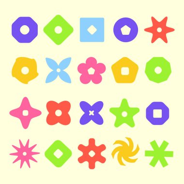 Soyut geometrik şekiller simgeler ve tabela koleksiyonu. Renkli vahşi figürler. Y2k soyut moda şekil seti. Çocukların tasarımına uygun soyut retro geometrik şekiller. Vektör illüstrasyonu