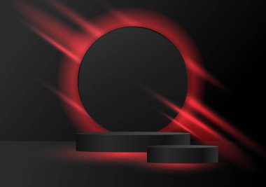 Koyu arkaplanda Neon kırmızı ışık çizgileri olan 3D Siyah Silindir kaidesel podyum. Ürün tanıtımı için lüks karanlık duvar sahnesi. İş için fon. Vektör illüstrasyonu
