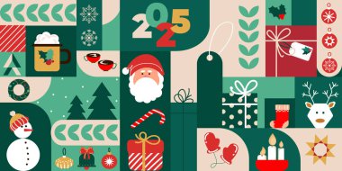 Mutlu Noeller ve soyut geometrik tasarım afişi, arka plan, baskı, poster, duvar kağıdı, kartlar, reklam, ambalaj dokusu. Xmas kusursuz geometrik desen, minimalist simgeler. Vektör