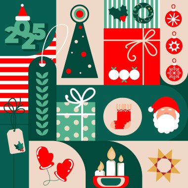 Modern Geometric minimal tarzında soyut Noel ve Yeni Yıl deseni. Noel tatili tasarımları, ambalajları, duvar kağıtları, afişler, baskılar, posterler, duvar kağıtları, tekstil için geometrik arkaplan.