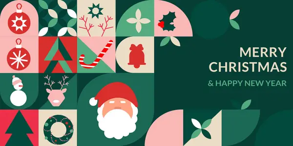 Noel ve Yeni Yıl konsept afişi, modern minimalist geometrik tarzdaki kart. Geometrik desenler, ikonlar, soyut unsurlar ve tatil sembolleriyle soyut Noel arkaplanı. Vektör illüstrasyonu