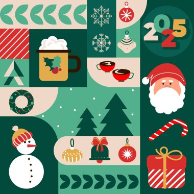 Noel şenlikli modern geometrik şablon arka planı Minimalist tarzında. Noel tasarımı ambalajı, duvar kağıdı, pankart, sosyal medya için geometrik kusursuz desenli Xmas simgeleri. Vektör