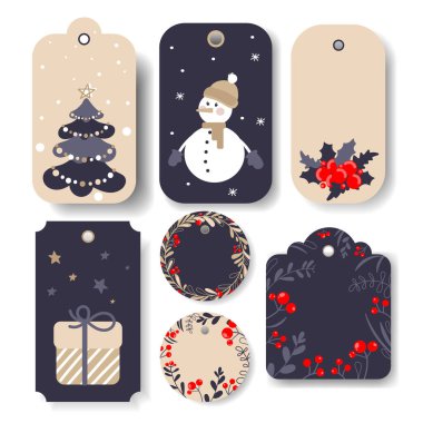 Noel ve Yeni Yıl tatili seti için el çizilmiş tatil hediye etiketleri. Kış Xmas etiketleri, soyut kardan adam etiketleri, Noel ağacı, süslemeler, hediye, botanik unsurlar. Vektör illüstrasyonu
