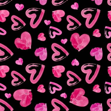Suluboya, siyah arka planda pürüzsüz pembe kalpler çizmiş. Sevgililer Günü geçmişi için kalp çiziyor. Kağıt, ambalaj kağıdı, ağ, baskı ve tekstil için kusursuz tasarım. Vektör illüstrasyonu