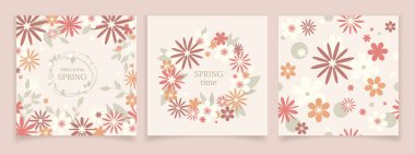 Bahar çiçekli minimalist arka plan tasarımı, soyut çiçekler, pastel renkler seti. Klasik botanik bahar veya yaz kartı afiş şablonları. Çiçek çerçevesi, pürüzsüz desen. Vektör illemesi