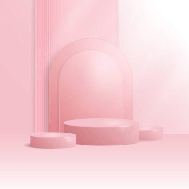 Düşen ışığın kaplama etkisi ile arka plan modellemesi ile birlikte lüks geometrik podyum sahnesi. Minimalist model kaidesi, Pembe gösteri. Soyut ürün sunumu. Vektör 3d illüstrasyon