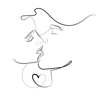 İnsanların öpücüğü. Asgari soyut bir çizim. Tutkulu bir öpücük portresi. Sürekli bir çizgi. Soyut erkek ve kadın dokunuşu. Moda minimal baskı, dövme, amblem, poster. Vektör.