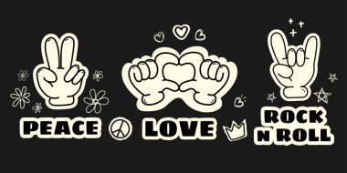 Stylized hand gestures representing peace, love, and rock 'n' roll with bold typography and Vintage doodle elements on a black background. Retro stickers, posters, music merch, vector graphic design  clipart