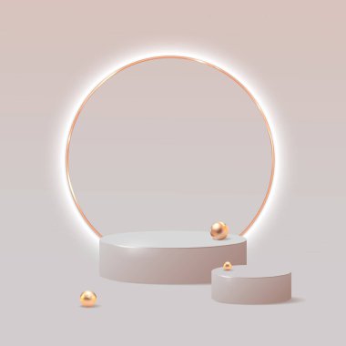 Minimalist 3D podyum, parlak çerçeveli ve yumuşak bej arka planda altın küreler. Ürün gösterimleri, markalaşma, sunum, lüks tasarım, kozmetik, promosyon için zarif vektör illüstrasyonu