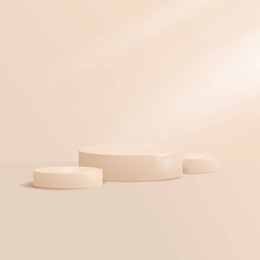 Yumuşak ışıklandırmalı minimalist bej podyum. Ürün sunumu için şık vitrin kaidesi yumuşak bej tonlu 3D podyum. Markalaşma, kozmetik ve reklamcılık için zarif vektör illüstrasyonu