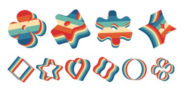 Soyut 3 boyutlu şekiller retro tarzında. Üç boyutlu efekte sahip soyut çizgili simgeler grafik tasarımı, posterler, logolar, arka planlar, web tasarımı ve yaratıcı projeler için büyük simgelerdir.