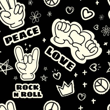 Rock and roll jestleri, barış işaretleri, kalpler, yıldızlar, duvar kağıtları, tekstil, posterler, eşyalar, ambalajlar, giysiler için graffiti tarzı metin içeren kusursuz siyah ve beyaz desenler. 