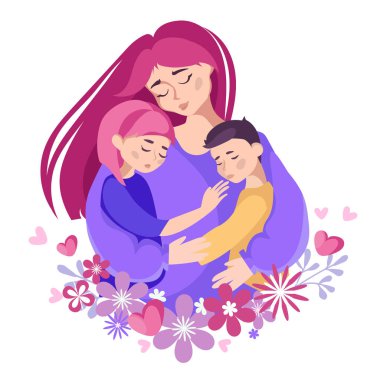 Sevgi dolu bir annenin iki çocuğunu kucaklaması sıcaklığı, ilgiyi ve annelik sevgisini sembolize eder. Anneler Günü tasarımları, tebrik kartları, aile ile ilgili projeler ve ebeveynlik için vektör illüstrasyonu