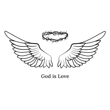 Melek kanatları ve Tanrı sevgidir, minimalist çizgi sanatı dini tasarım, dövme, baskı, amblem ve logoyu simgeleyen ilahi aşkı simgeler. Vektör illüstrasyonu