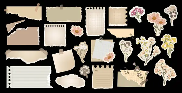 Eski kağıt, klasik stil, çiçek çıkartmaları, yapıştırma kitabı, günlük, dijital planlamacılar ve yaratıcı tasarımlar için estetik koleksiyon, set elementleri. Not Defteri Kağıdı Parçaları Vector illüstrasyonu