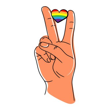 LGBTQ gurur, sevgi ve birlikteliği temsil eden gökkuşağı kalpli bir barış işareti. Gökkuşağı Kalbi ve Zafer İmza ile el. Vektör illüstrasyonu