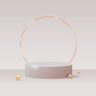 Altın dairesel çerçeveli minimalist bej podyum, ürün gösterimi, markalaşma ve reklam için tasarlandı. Pazarlama malzemeleri, sunumlar ve lüks ürün sergileri için. Vektör illüstrasyonu