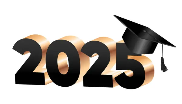 Siyah mezuniyet şapkası 2025 rakamları siyah ve altın 3D illüstrasyon, mezuniyet 2025 kavramı, akademik başarı. Mezuniyet etkinlikleri için vektör bayrağı, okul tanıtımları, eğitim içeriği