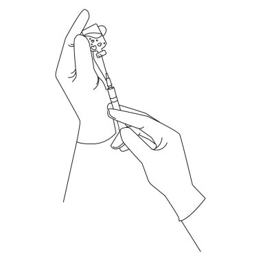 Bir doktorun ya da kozmetolojistin elleri şırıngadan şırınga ile sanat eseri logosu, parmak izi ve amblemi hazırlıyor. Aşı için şırınga hazırlığının vektör tıbbi illüstrasyonuName