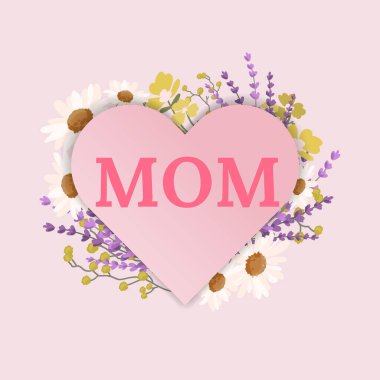 Pembe kalp, anne kelimesiyle kalın harflerle ve çiçeklerle. Anneler Günü konsept tasarımı. Tebrik kartları, posterler, davetiyeler, sosyal medya, hediye tasarımları için vektör illüstrasyonu