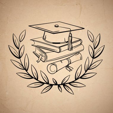 Mezuniyet şapkası, kitaplar ve eski dokuma üzerine defne çelengi. Öğrenci başarısı ve eğitimi. Üniversite logosu, sertifikaları, eğitim malzemeleri, bilimsel tasarımlar. 
