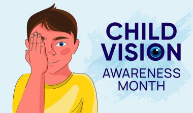 Çocuk Görme Farkındalığı Ayı. Bir gözü vizyon tarama testi için bir gözünü kapayan genç çocuk, göz sağlığı bilincini vurgulayan cesur metinlerle. Tıbbi kampanyalar için vektör, pediatrik sağlık hizmetleri.