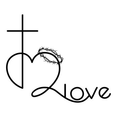 Haç, kalp ve dikenli taç içeren Hıristiyan aşk sembolü. Minimalist tasarım haç, kalp, dini grafikler için dikenli taç, kilise malzemeleri, baskılar. Vektör illüstrasyonu