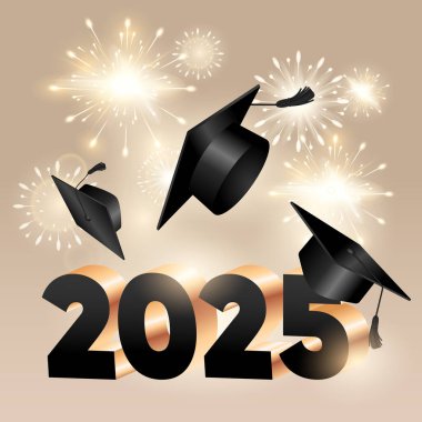 2025 yılının mezuniyet töreni tasarımı, havan topu şapkaları ve mezuniyet duyuruları için havai fişekler, davetiyeler, tebrik mesajları, eğitim başarıları. 