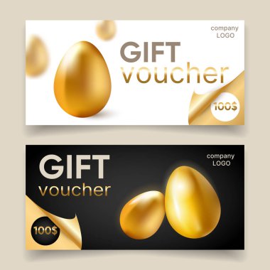 Lüks hediye çeki tasarımları 3D altın yumurta, altın ayrıntılar, lüks markalar için modern siyah beyaz renk düzeni, hediye kartı şablonu, prim indirimleri, özel tanıtım, teklifler. Vektör illüstrasyonu