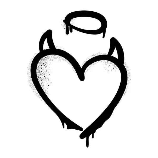 Şeytan boynuzlu grafiti kalbi ve sprey boya desenli melek halesi. Sokak sanatı tasarımları, şehir grafikleri, posterler, dövmeler, keskin dijital sanat eserleri için mükemmel. Vektör illüstrasyonu