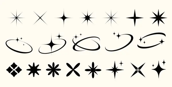 Y2k yıldız, yıldız patlamaları, parıltılar ve yörünge elementleri setini şekillendirir. Kozmik yörüngelerle en az parlaklığı oluşturur. Klasik Retro Star Shapes ve Twinkles.Minimum modern Retro fütüristik simgeler. Vektör 
