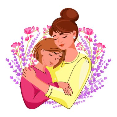 Sevgi dolu bir anne, genç kızına çiçek arkaplanıyla sarılıyor. Anneler Günü, Aile Günü, Çocuk Koruma, aile temaları ve duygusal tasarım projeleri için mükemmel bir vektör çizimi.