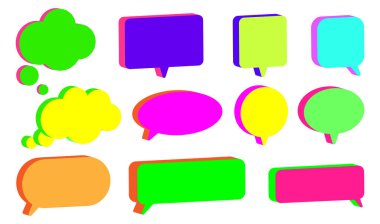 Renkli bir 3 boyutlu konuşma ve neon pop müzik setindeki düşünce baloncukları. Çeşitli şekil ve boyutlarda, çizgi romanlar, sohbet tasarımları, sosyal medya grafikleri, çıkartmalar, posterler, dijital çizimler için mükemmel. Vektör illüstrasyonu