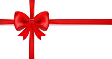 Gerçekçi kırmızı saten kurdele yayı beyaz arka planda yatay ve dikey kesişen kurdelelerle klasik bir yay şeklinde bağlanmış. Hediye paketi, tatil süslemeleri, tebrik kartları, davetiyeler için.