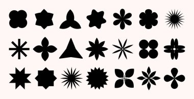 Soyut Brutalist geometrik şekiller seti, çiçekler, yıldızlar ve diğer cesur şekiller. Retro Modern minimalist temel figürler. Retro estetik simgeler, semboller. Vektör illüstrasyonu