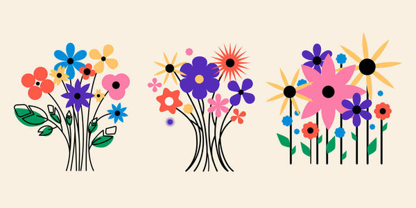 Conjunto Composición Floral Retro Abstracta Con Ramos Vibrantes Con Flores — Vector de stock